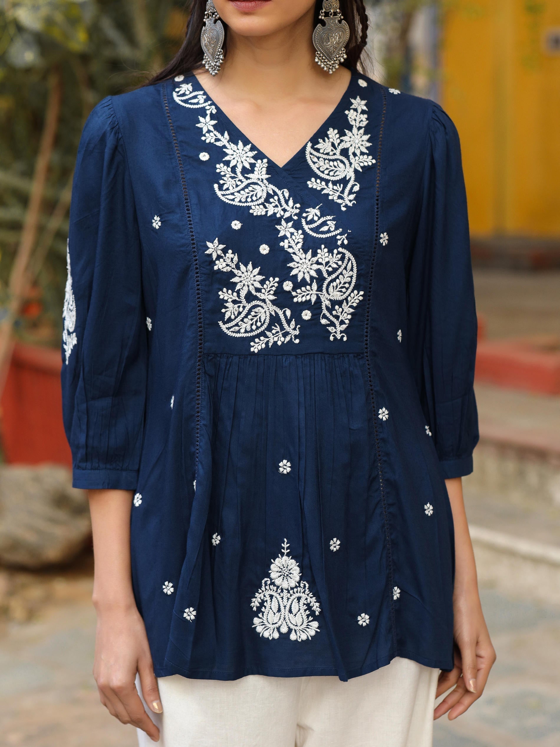 Juniper Blue Embroidered V-Neck Peasant Tunic With 3/4 Sleeves | Grocsy