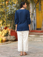Juniper Blue Embroidered V-Neck Peasant Tunic With 3/4 Sleeves | Grocsy