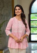 Juniper Gulabi Pink Noor Cotton Peplum Tunic | Grocsy