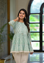 Juniper Mint Mist Ikat Tunic With Lace Detailing | Grocsy
