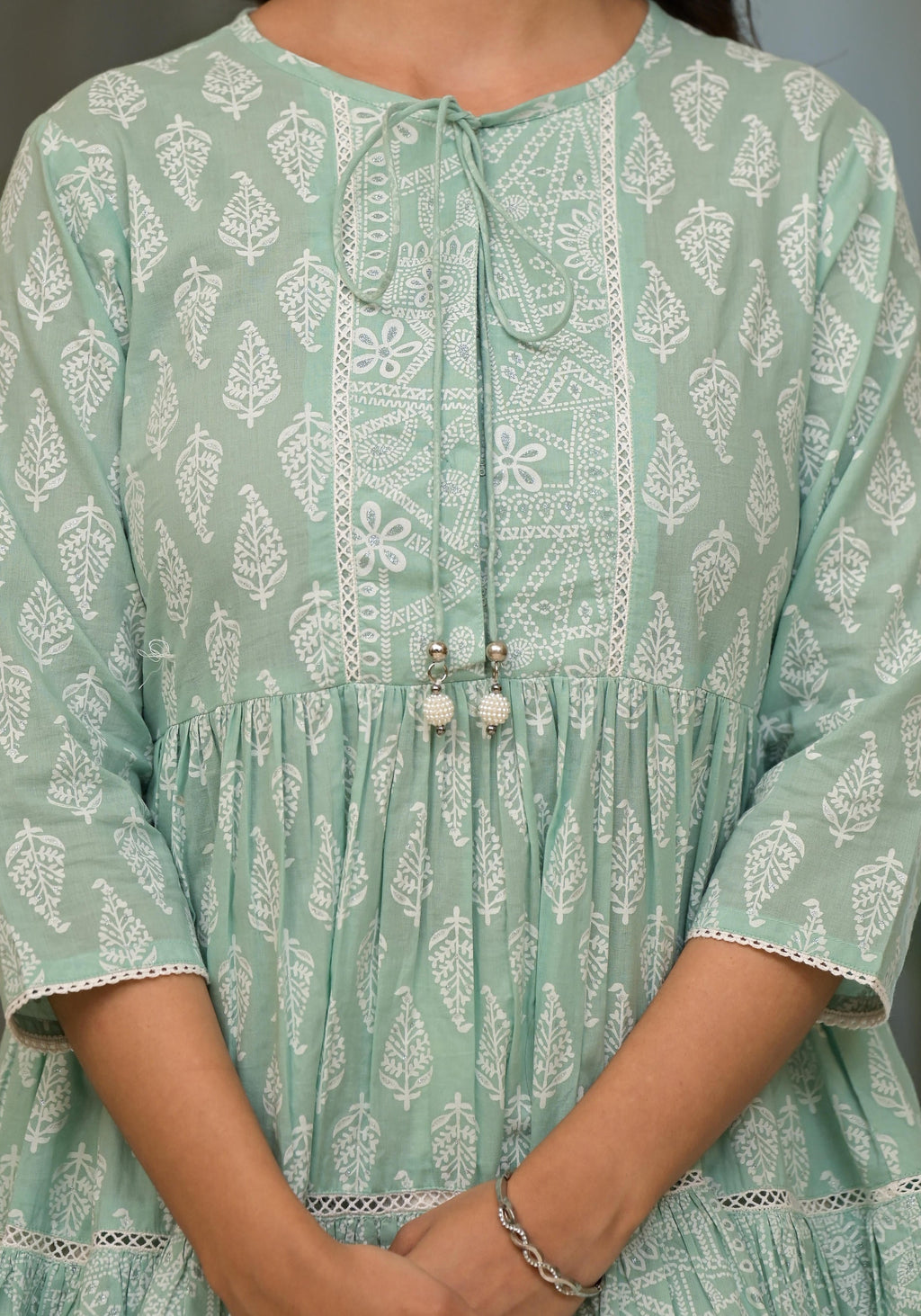 Juniper Mint Mist Ikat Tunic With Lace Detailing | Grocsy
