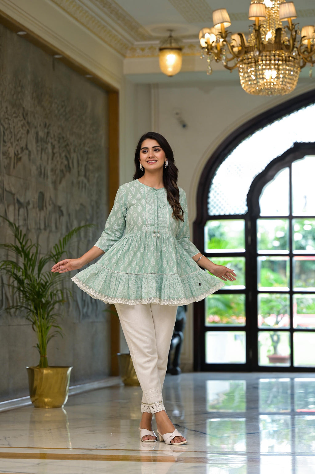Juniper Mint Mist Ikat Tunic With Lace Detailing | Grocsy