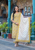 Juniper Mustard Floral Printed Cotton Kurta Pant And Dupatta Set With Lace | Grocsy