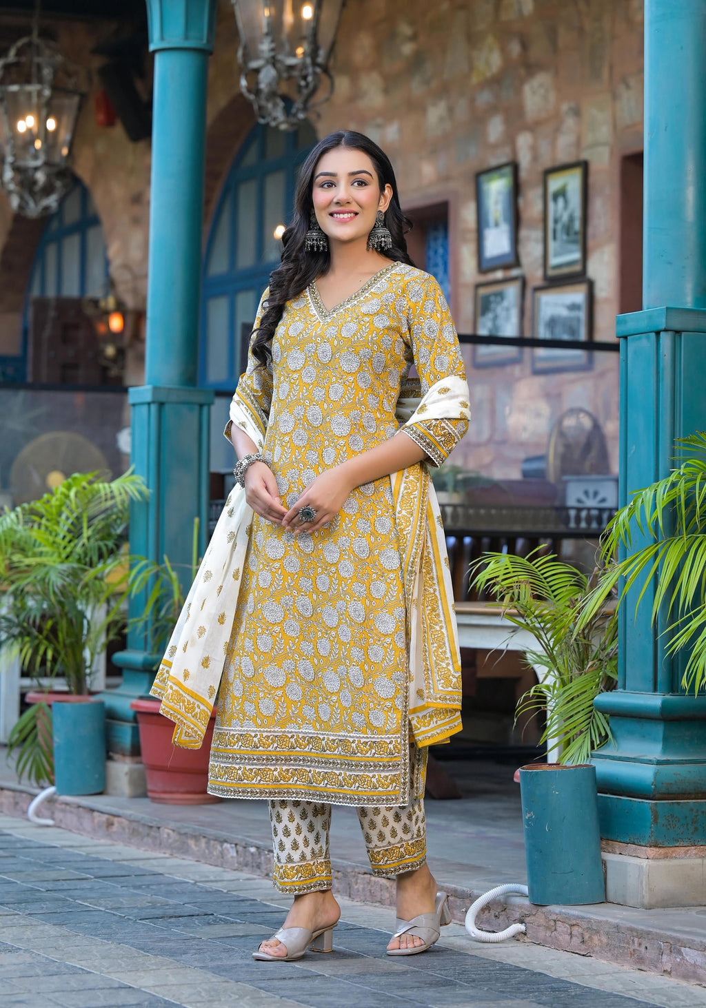 Juniper Mustard Floral Printed Cotton Kurta Pant And Dupatta Set With Lace | Grocsy