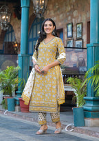 Juniper Mustard Floral Printed Cotton Kurta Pant And Dupatta Set With Lace | Grocsy