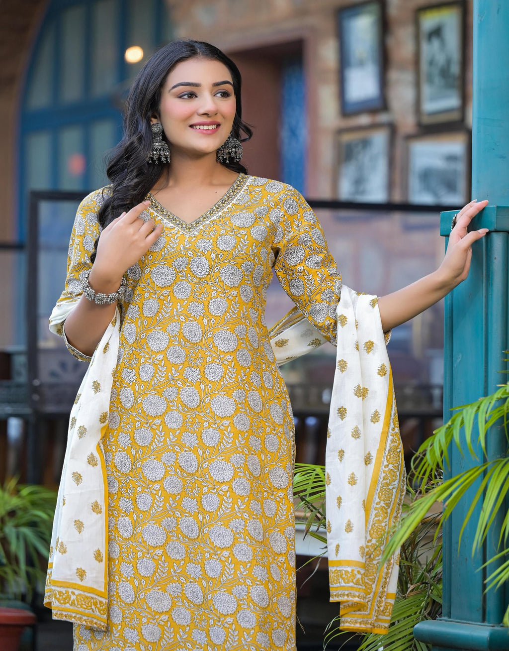 Juniper Mustard Floral Printed Cotton Kurta Pant And Dupatta Set With Lace | Grocsy