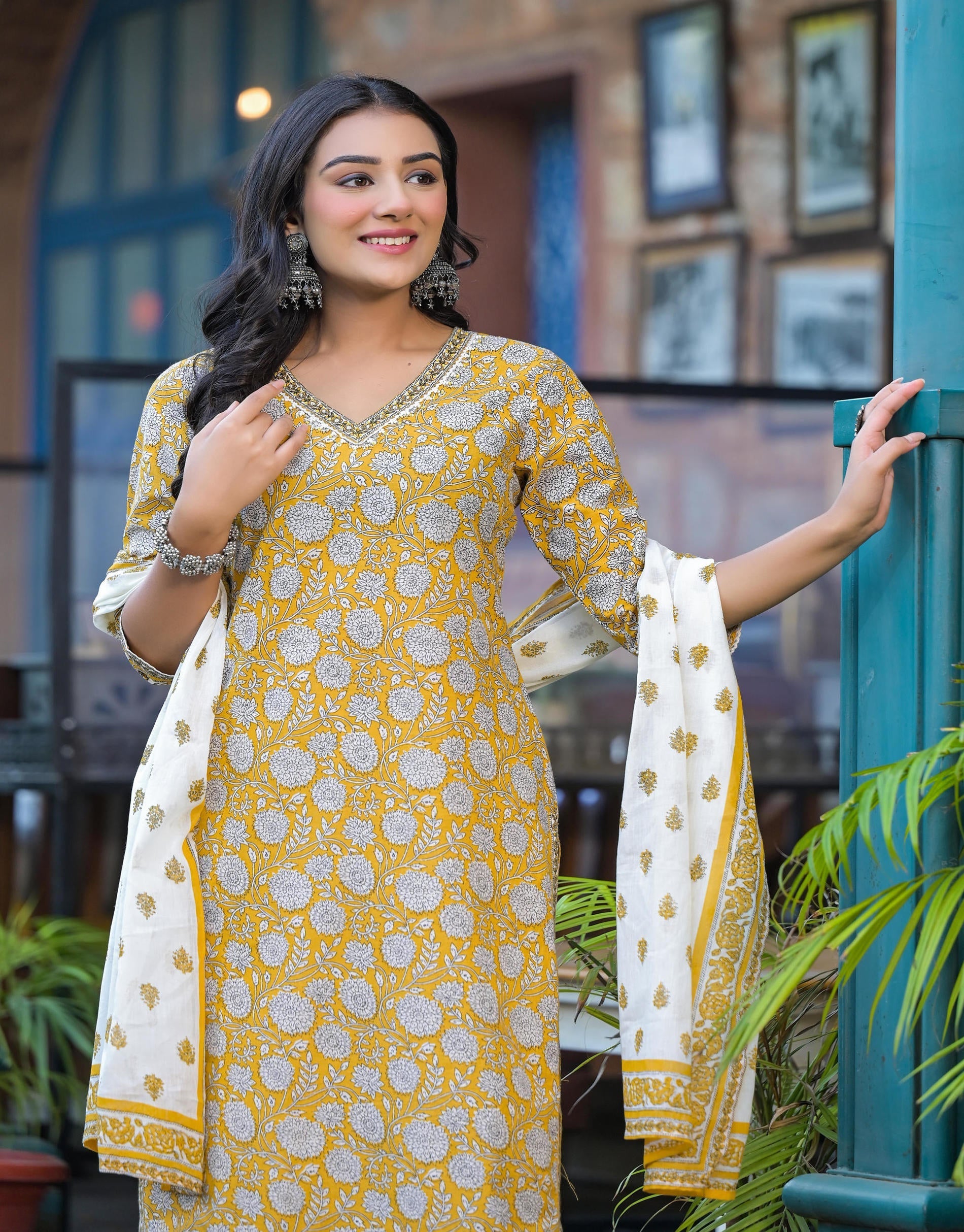 Juniper Mustard Floral Printed Cotton Kurta Pant And Dupatta Set With Lace | Grocsy