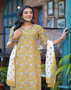 Juniper Mustard Floral Printed Cotton Kurta Pant And Dupatta Set With Lace | Grocsy
