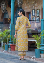 Juniper Mustard Floral Printed Cotton Kurta Pant And Dupatta Set With Lace | Grocsy