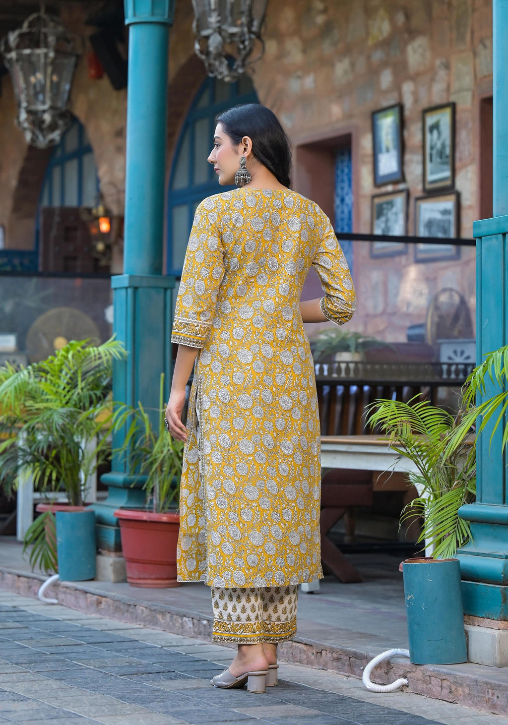 Juniper Mustard Floral Printed Cotton Kurta Pant And Dupatta Set With Lace | Grocsy