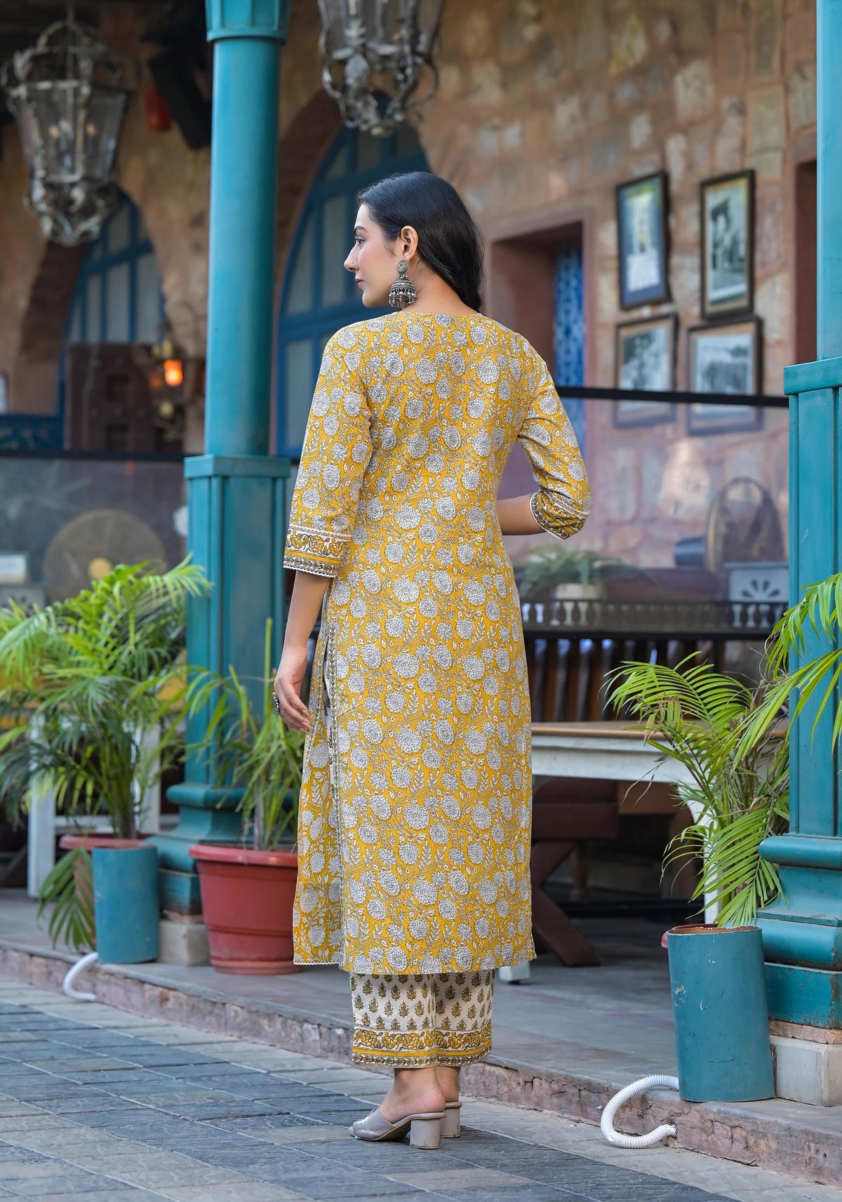 Juniper Mustard Floral Printed Cotton Kurta Pant And Dupatta Set With Lace | Grocsy
