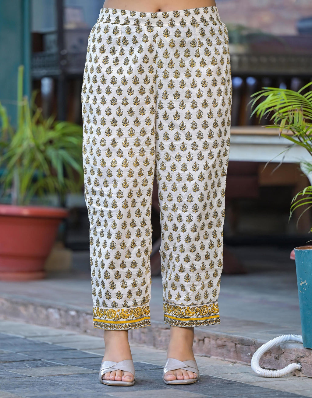 Juniper Mustard Floral Printed Cotton Kurta Pant And Dupatta Set With Lace | Grocsy
