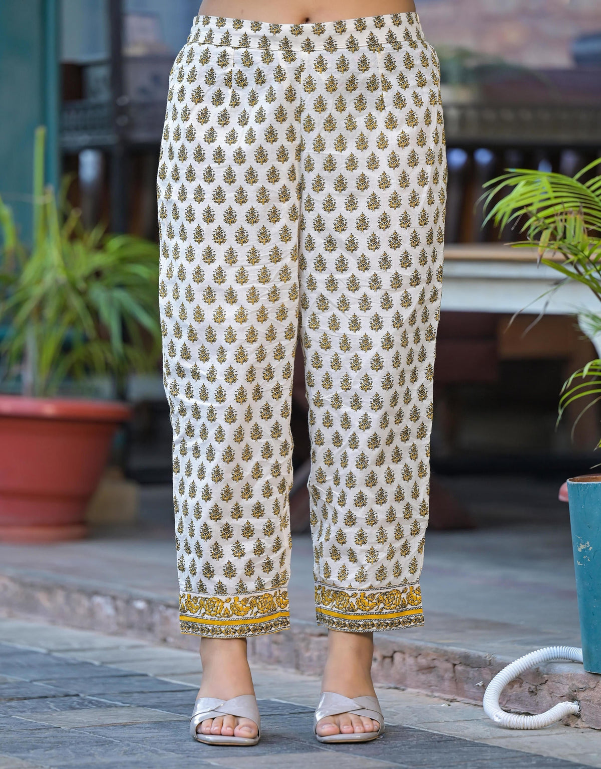 Juniper Mustard Floral Printed Cotton Kurta Pant And Dupatta Set With Lace | Grocsy