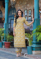 Juniper Mustard Floral Printed Cotton Kurta Pant And Dupatta Set With Lace | Grocsy