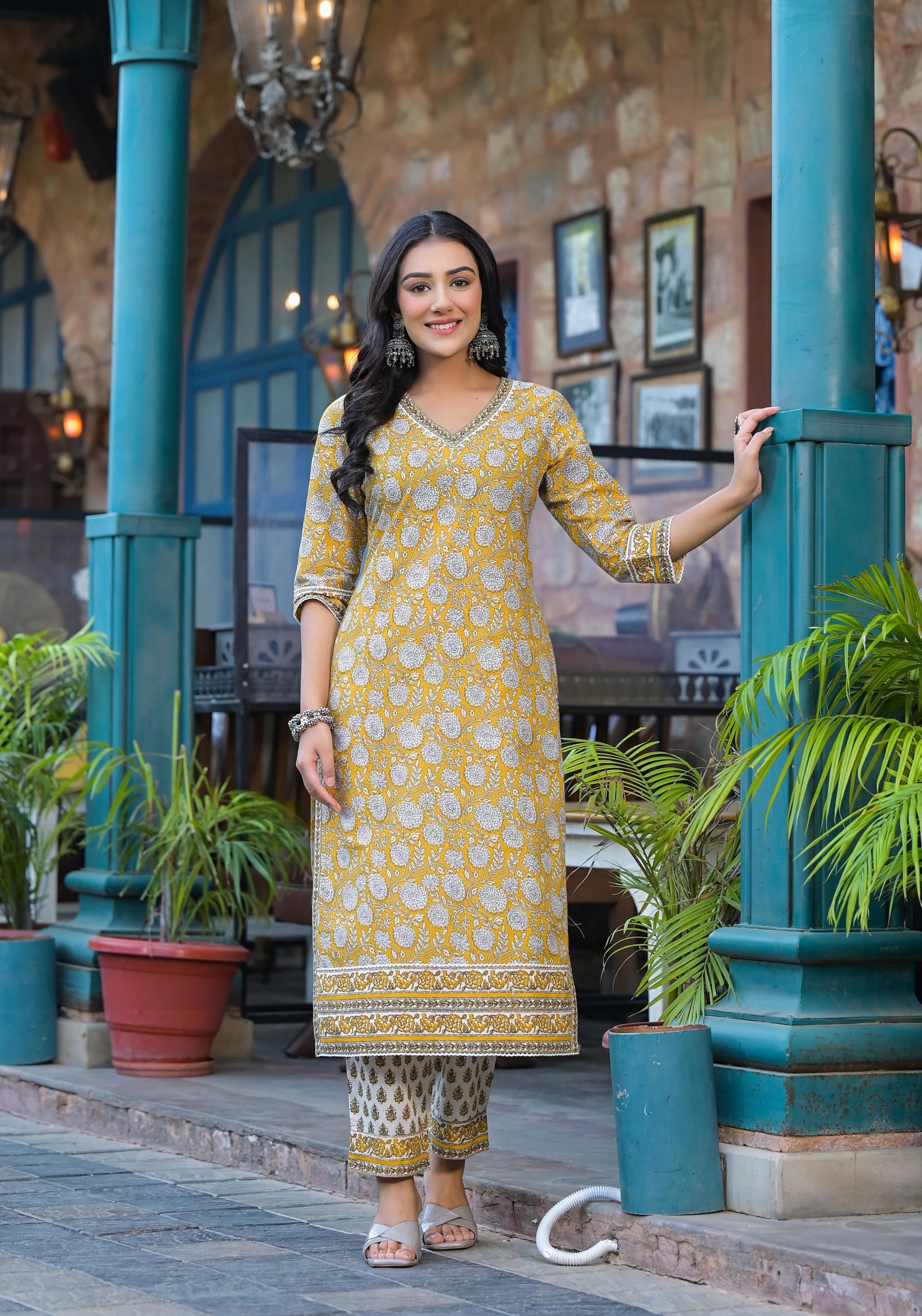 Juniper Mustard Floral Printed Cotton Kurta Pant And Dupatta Set With Lace | Grocsy