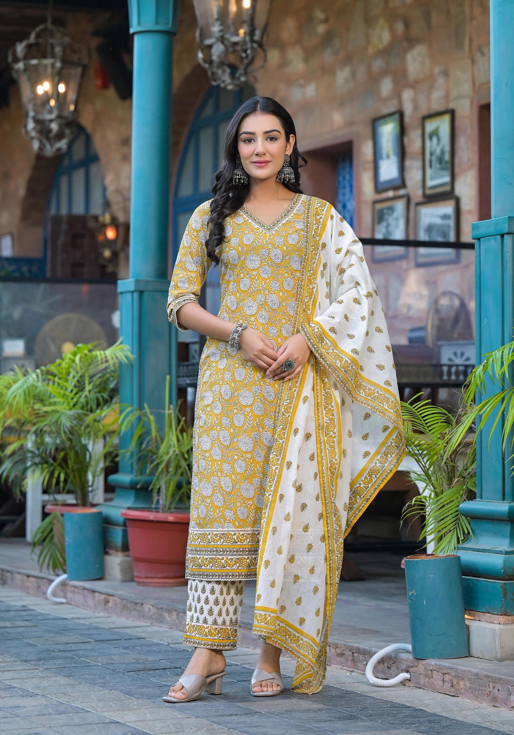 Juniper Mustard Floral Printed Cotton Kurta Pant And Dupatta Set With Lace | Grocsy