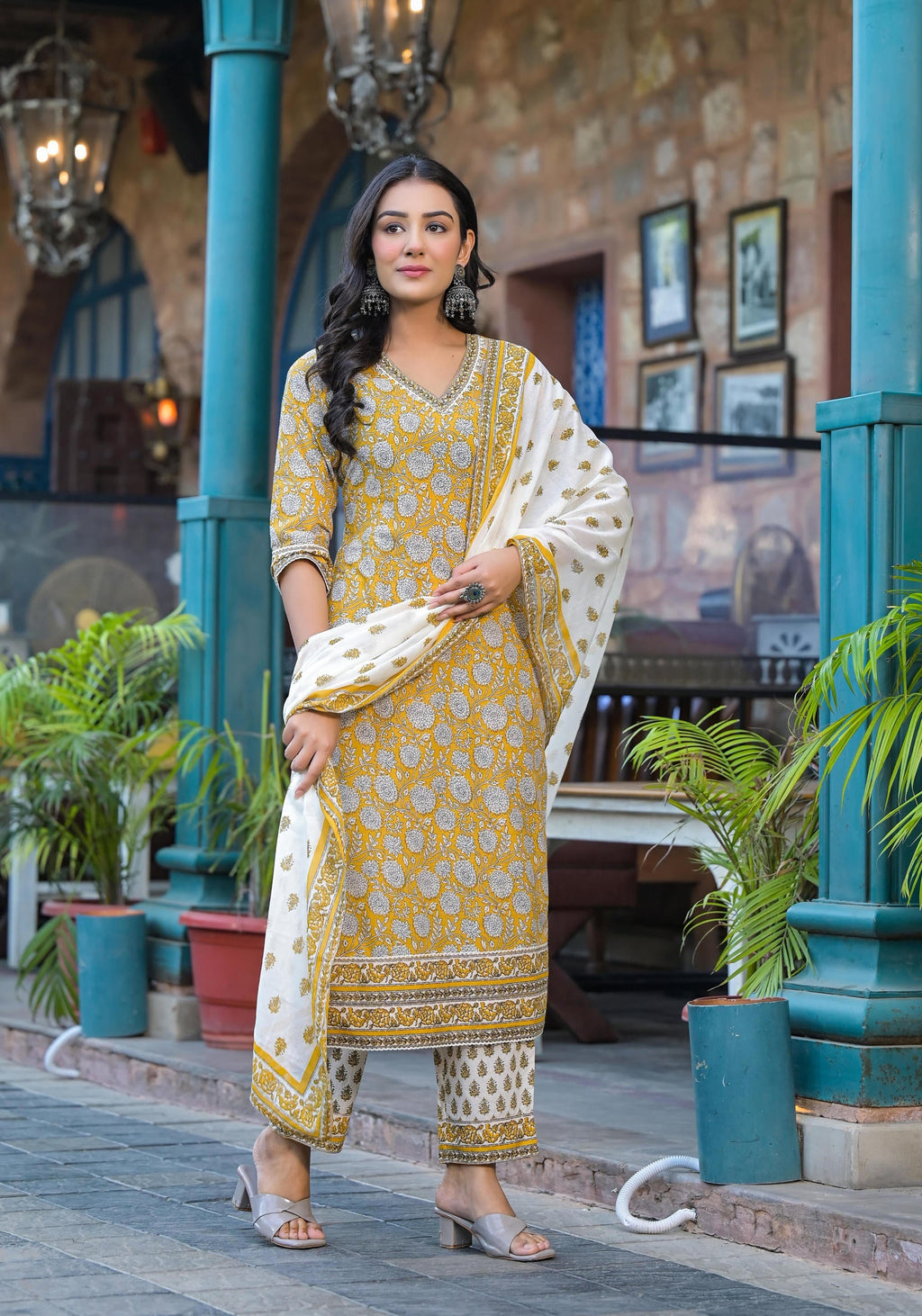 Juniper Mustard Floral Printed Cotton Kurta Pant And Dupatta Set With Lace | Grocsy