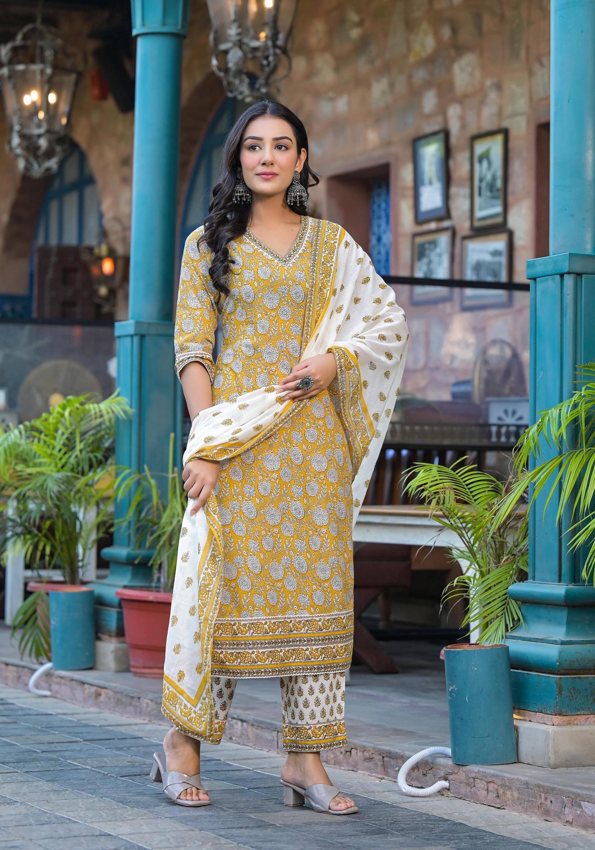 Juniper Mustard Floral Printed Cotton Kurta Pant And Dupatta Set With Lace | Grocsy