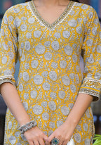 Juniper Mustard Floral Printed Cotton Kurta Pant And Dupatta Set With Lace | Grocsy