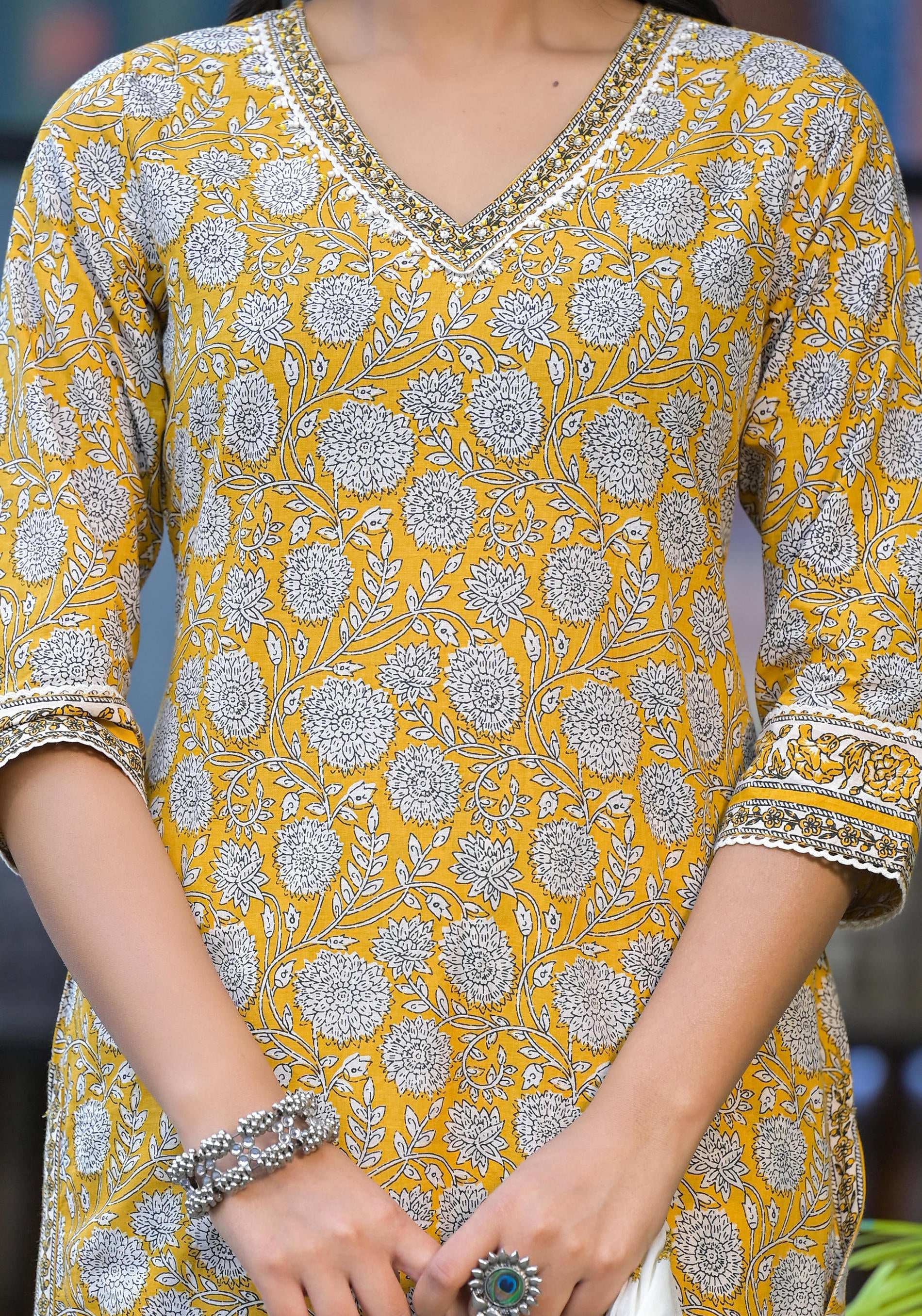 Juniper Mustard Floral Printed Cotton Kurta Pant And Dupatta Set With Lace | Grocsy
