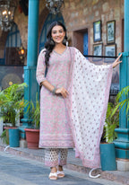 Juniper Pink Floral Printed Cotton Kurta Pant And Dupatta Set With Lace | Grocsy