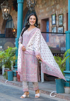 Juniper Pink Floral Printed Cotton Kurta Pant And Dupatta Set With Lace | Grocsy