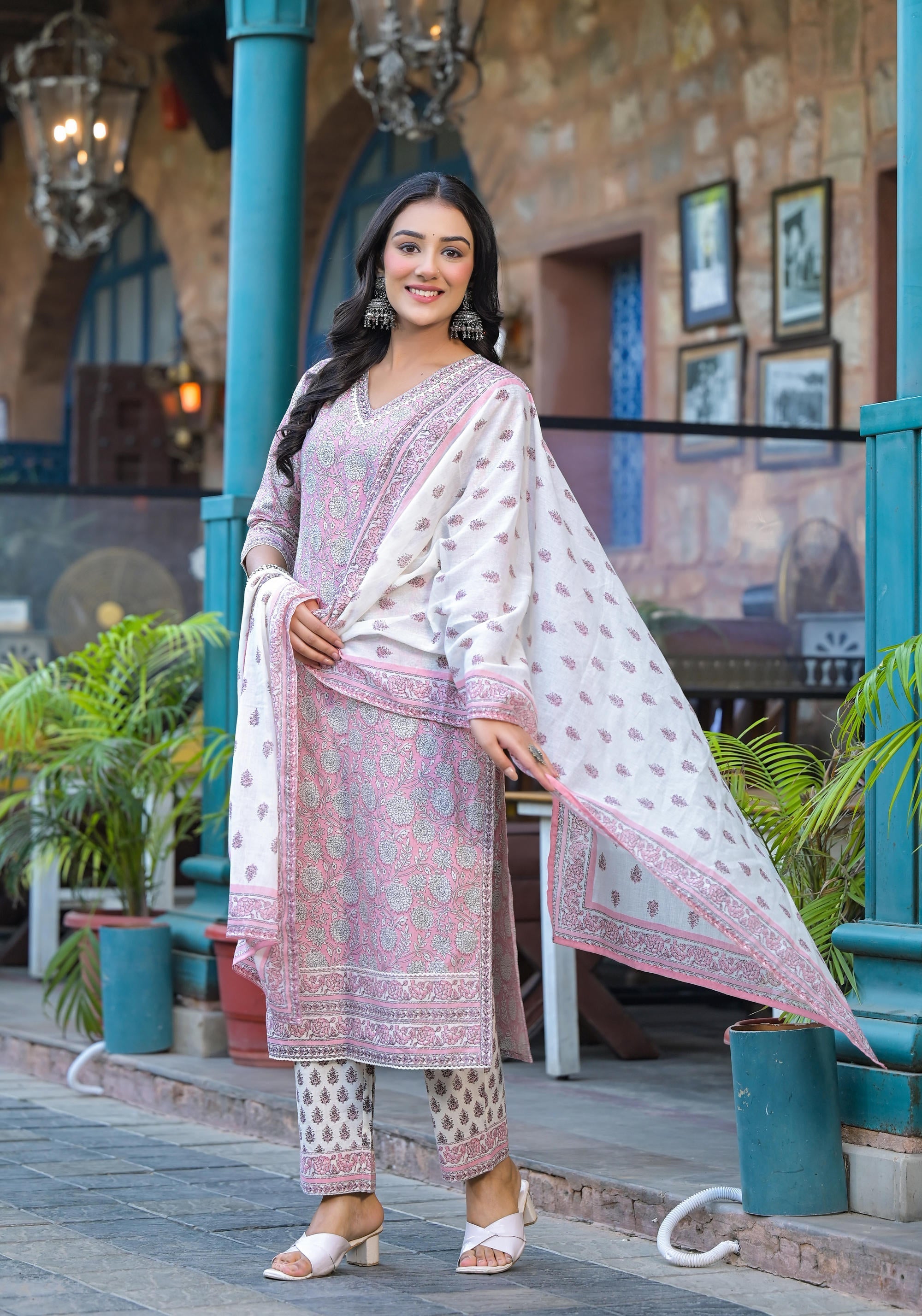 Juniper Pink Floral Printed Cotton Kurta Pant And Dupatta Set With Lace | Grocsy