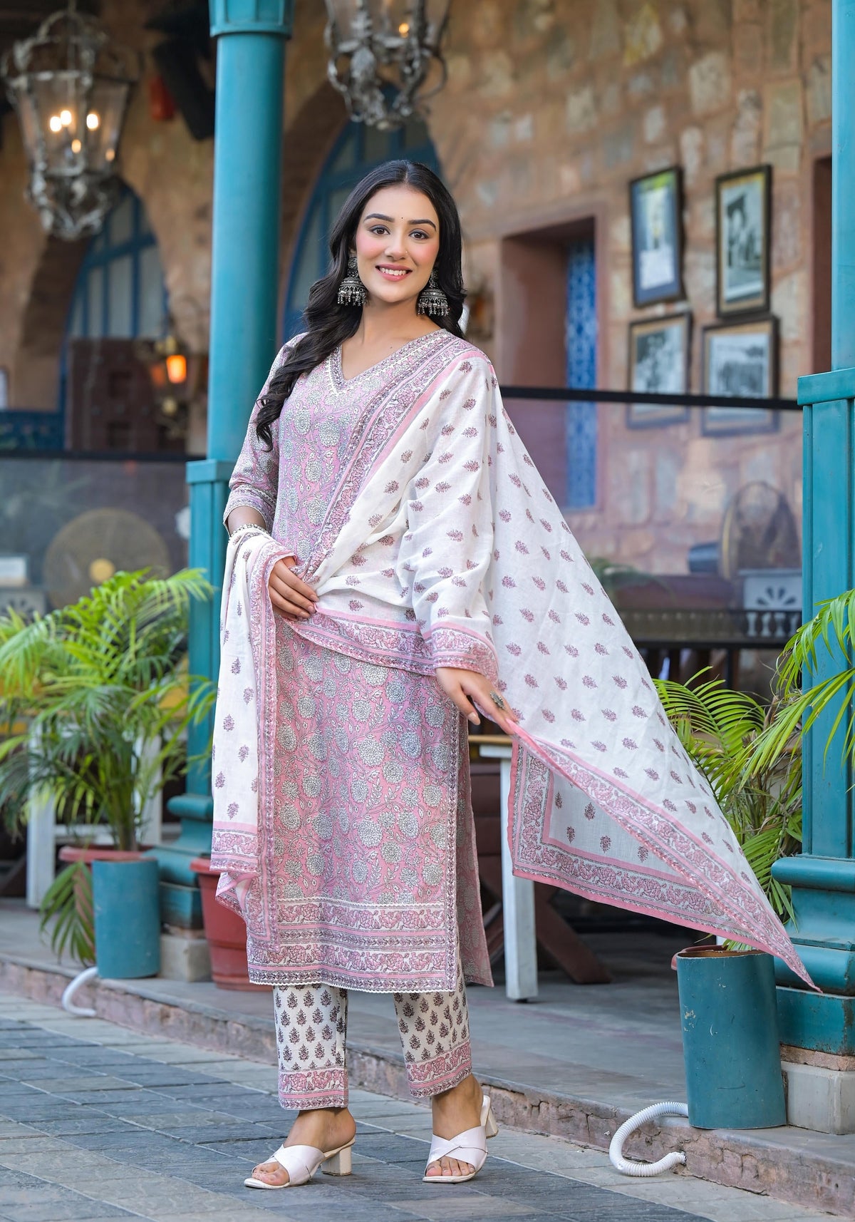 Juniper Pink Floral Printed Cotton Kurta Pant And Dupatta Set With Lace | Grocsy