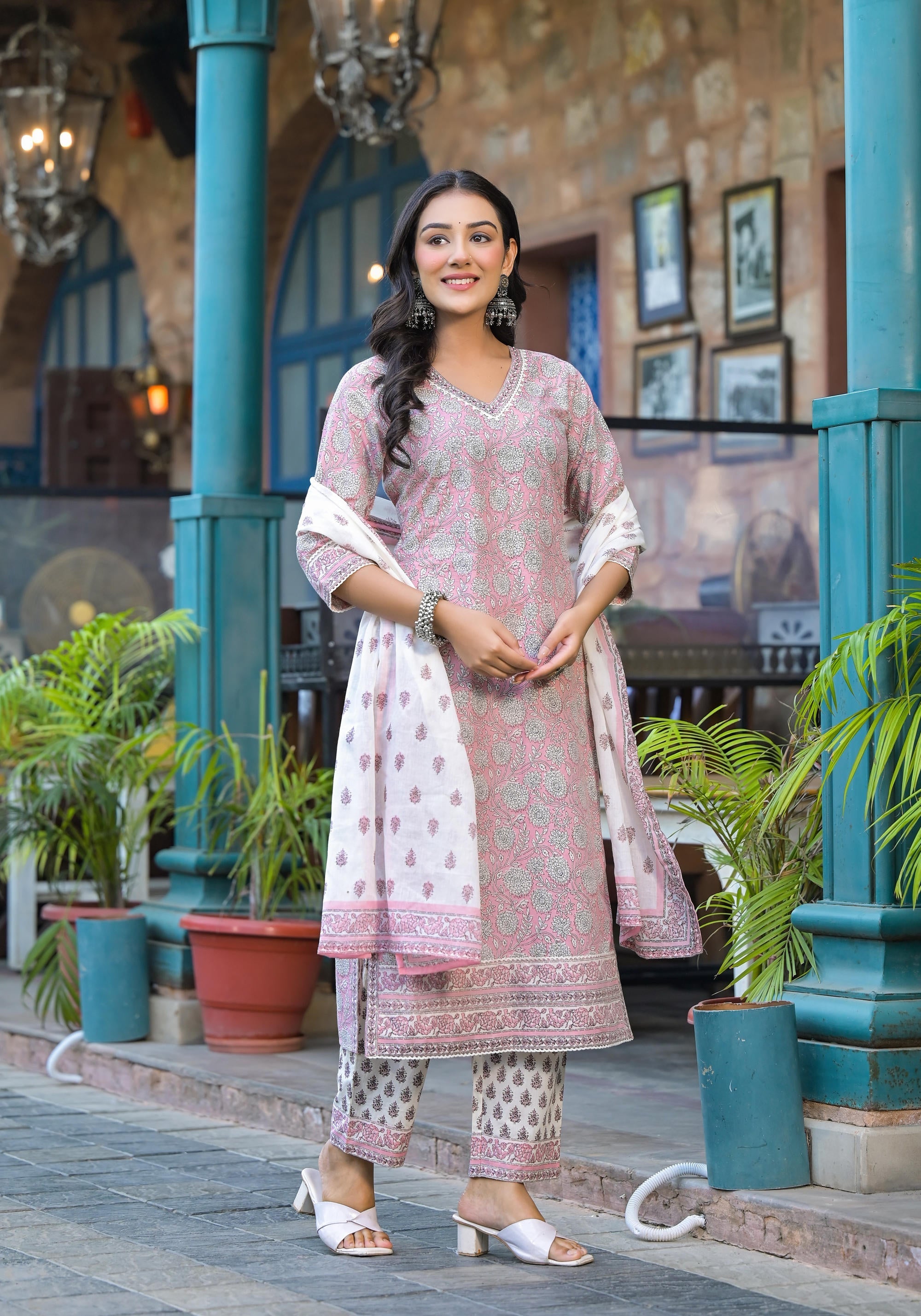 Juniper Pink Floral Printed Cotton Kurta Pant And Dupatta Set With Lace | Grocsy
