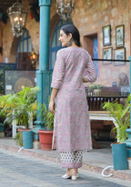 Juniper Pink Floral Printed Cotton Kurta Pant And Dupatta Set With Lace | Grocsy