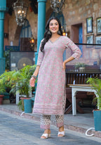 Juniper Pink Floral Printed Cotton Kurta Pant And Dupatta Set With Lace | Grocsy