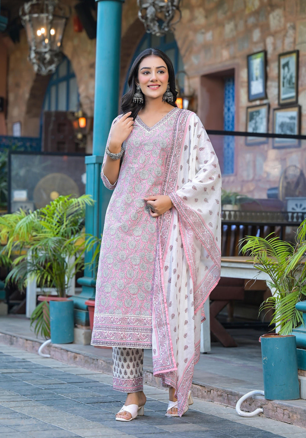 Juniper Pink Floral Printed Cotton Kurta Pant And Dupatta Set With Lace | Grocsy