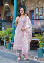 Juniper Pink Floral Printed Cotton Kurta Pant And Dupatta Set With Lace | Grocsy