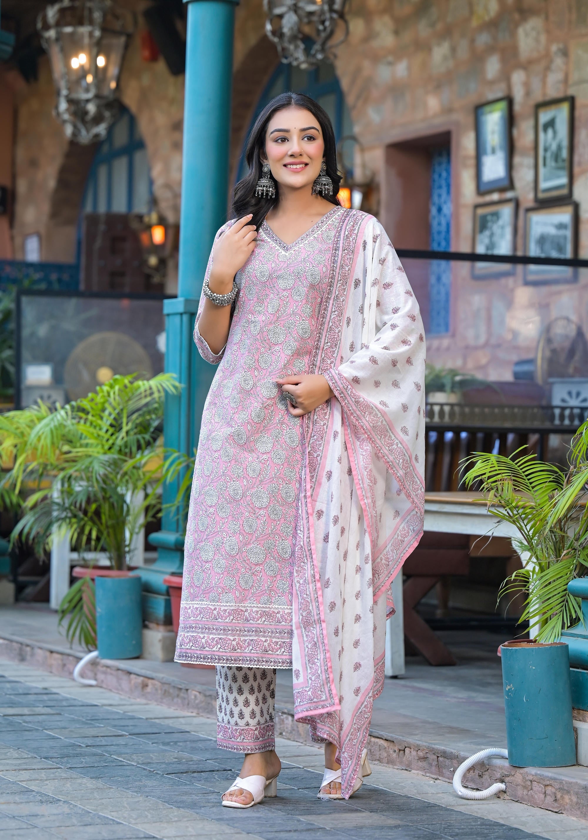 Juniper Pink Floral Printed Cotton Kurta Pant And Dupatta Set With Lace | Grocsy