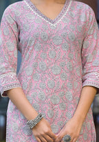 Juniper Pink Floral Printed Cotton Kurta Pant And Dupatta Set With Lace | Grocsy