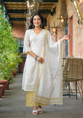 Juniper Women's Off White Abstract Printed Cotton Kurta Pant And Dupatta Set With Sequins & Thread Work | Grocsy