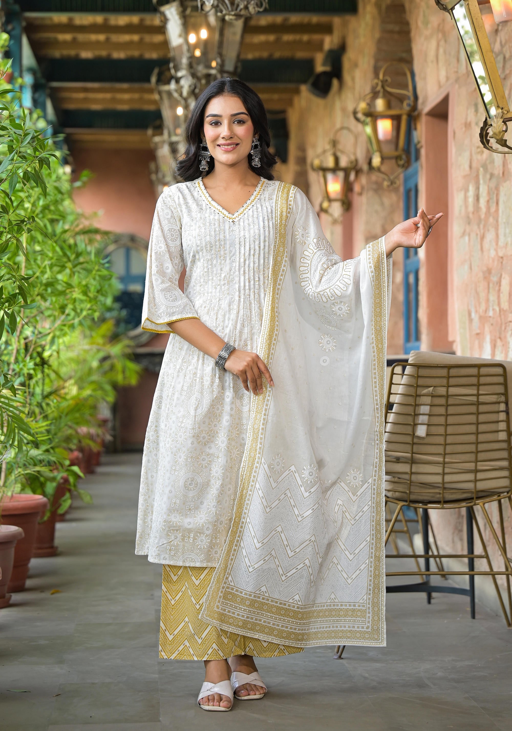Juniper Women's Off White Abstract Printed Cotton Kurta Pant And Dupatta Set With Sequins & Thread Work | Grocsy