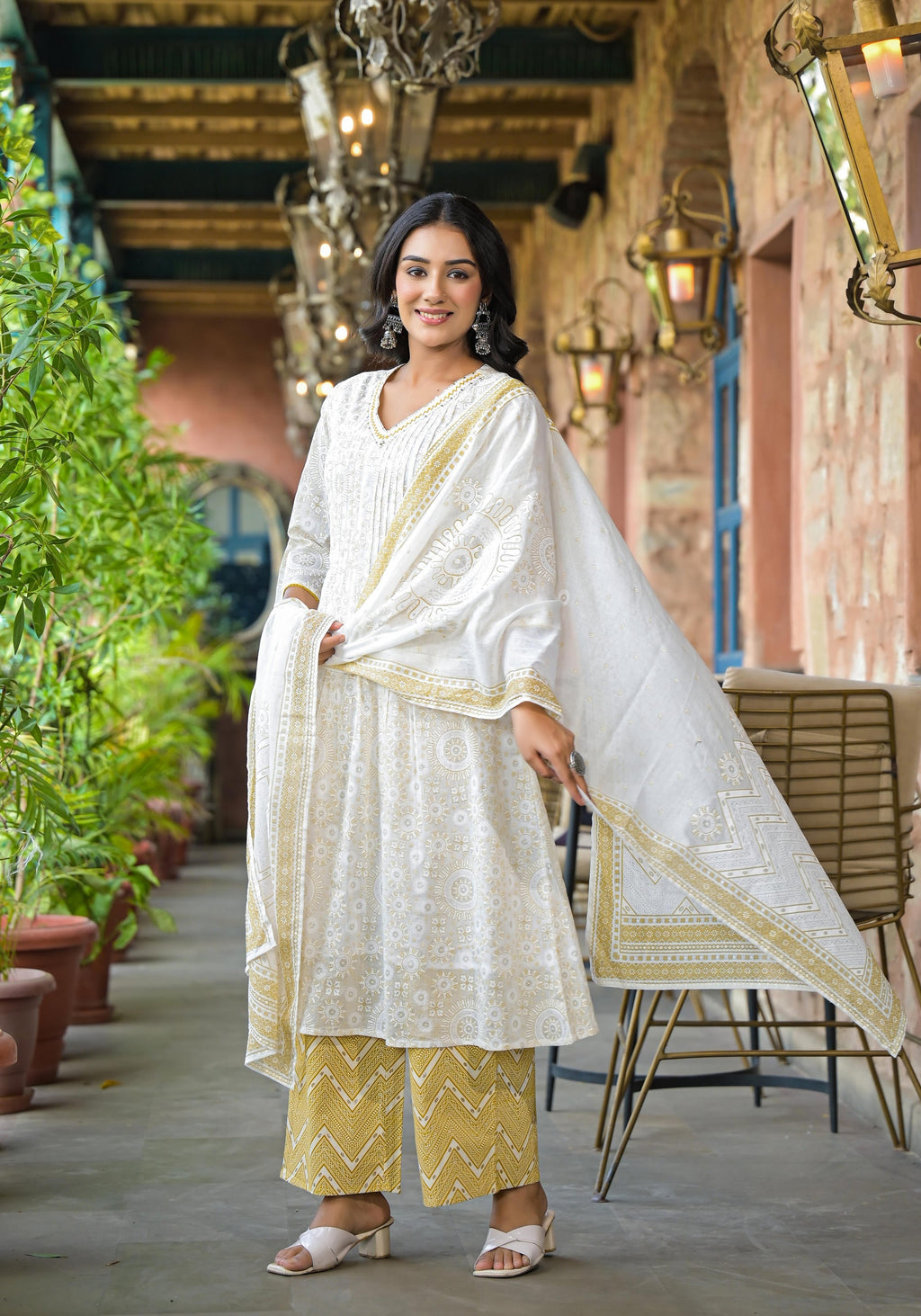 Juniper Women's Off White Abstract Printed Cotton Kurta Pant And Dupatta Set With Sequins & Thread Work | Grocsy