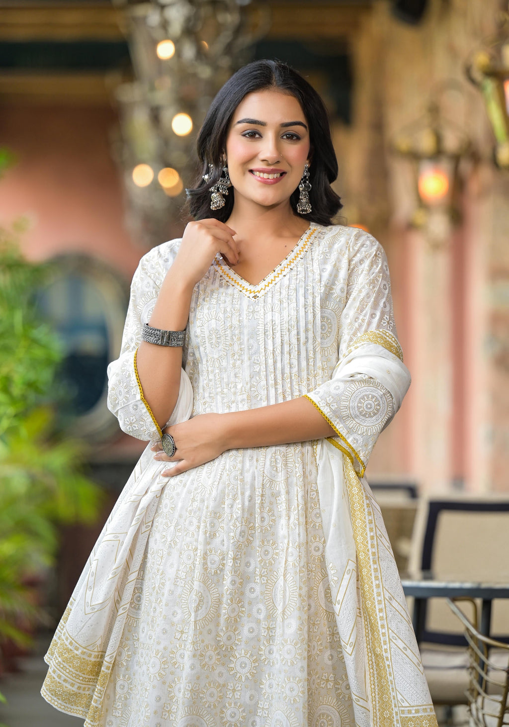 Juniper Women's Off White Abstract Printed Cotton Kurta Pant And Dupatta Set With Sequins & Thread Work | Grocsy