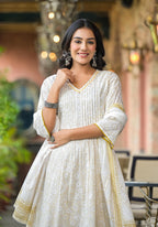 Juniper Off White Abstract Printed Cotton Kurta Pant And Dupatta Set With Sequins & Thread Work | Grocsy