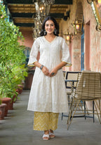 Juniper Women's Off White Abstract Printed Cotton Kurta Pant And Dupatta Set With Sequins & Thread Work | Grocsy