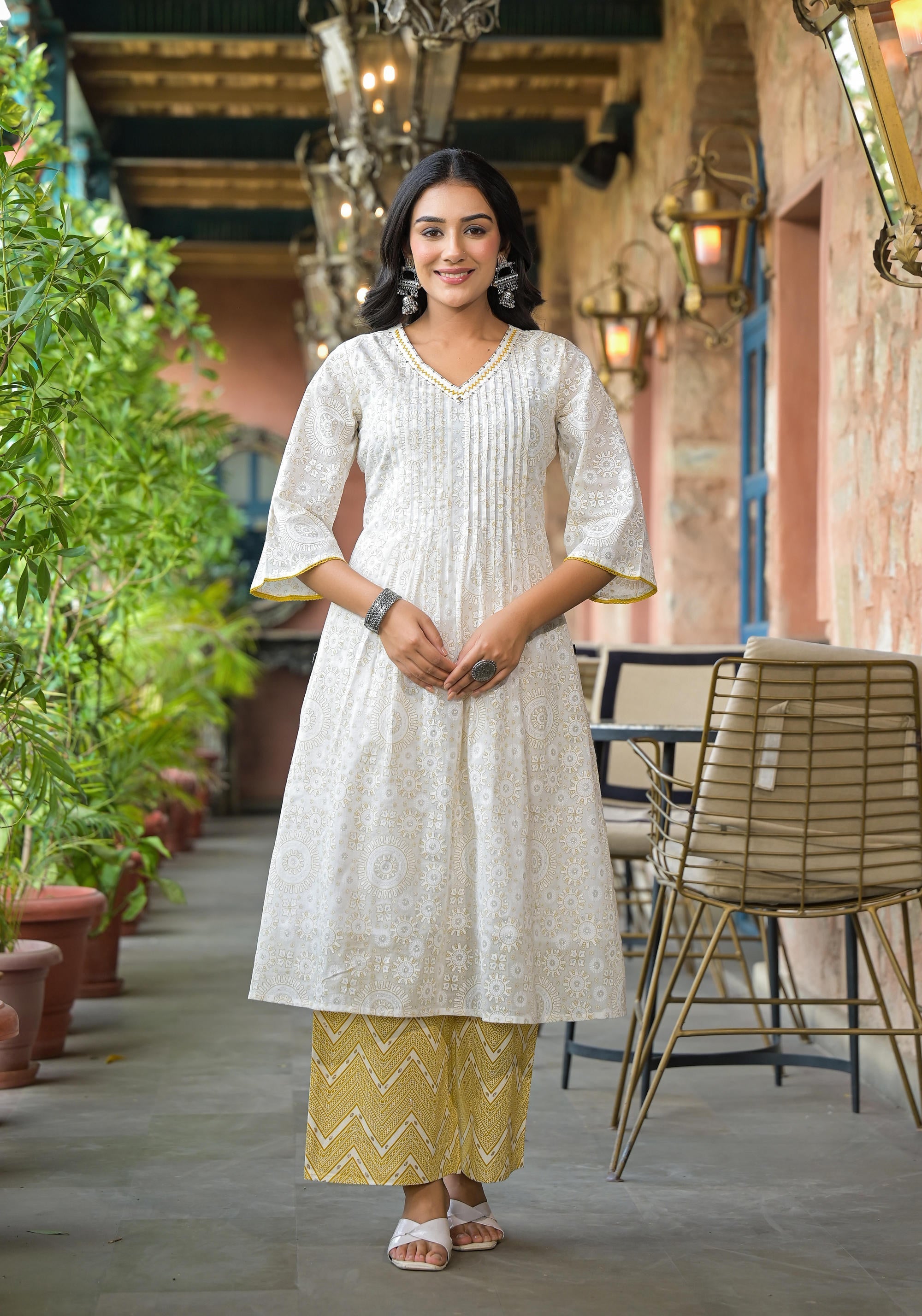 Juniper Women's Off White Abstract Printed Cotton Kurta Pant And Dupatta Set With Sequins & Thread Work | Grocsy