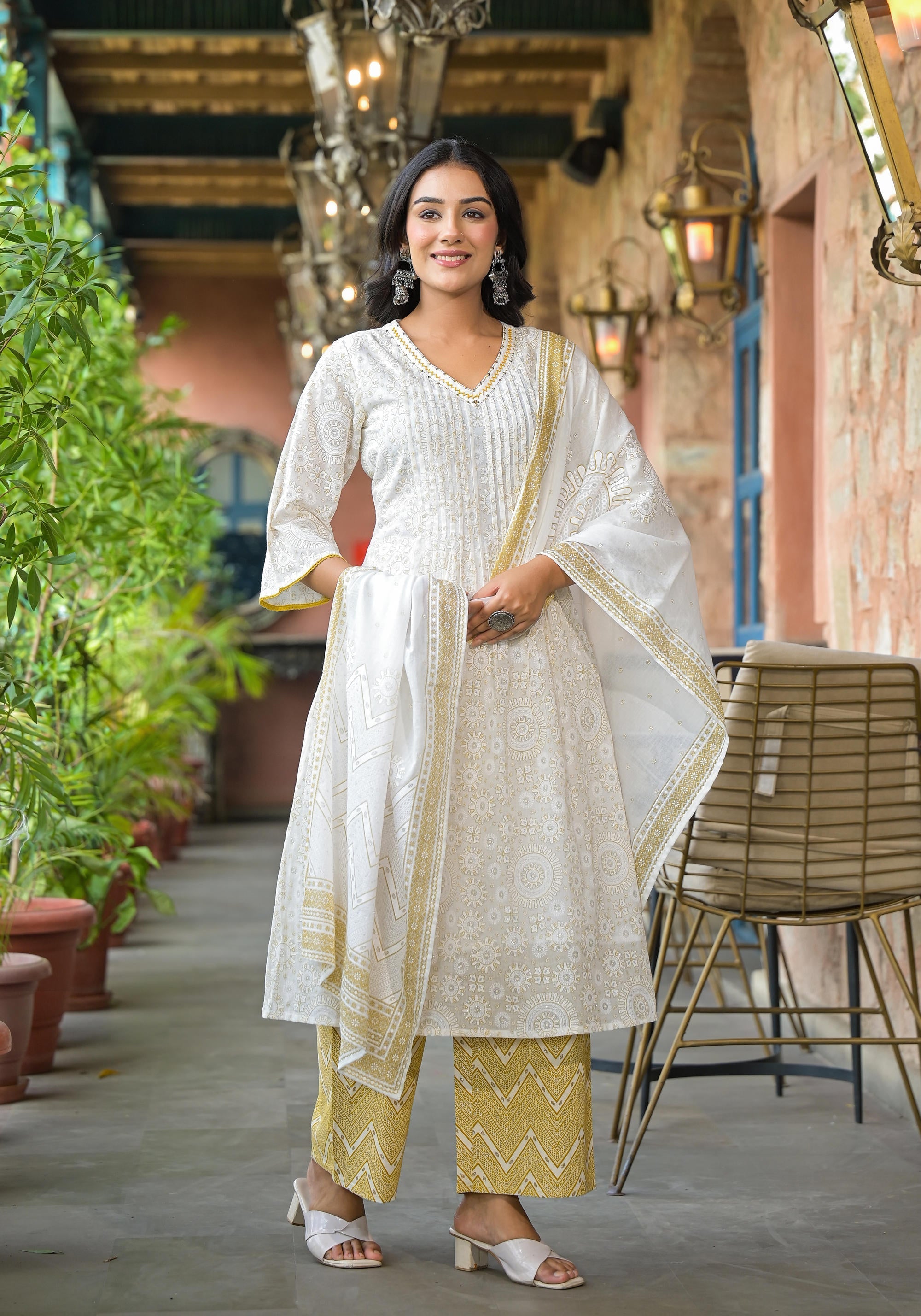 Juniper Women's Off White Abstract Printed Cotton Kurta Pant And Dupatta Set With Sequins & Thread Work | Grocsy