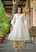 Juniper Women's Off White Abstract Printed Cotton Kurta Pant And Dupatta Set With Sequins & Thread Work | Grocsy