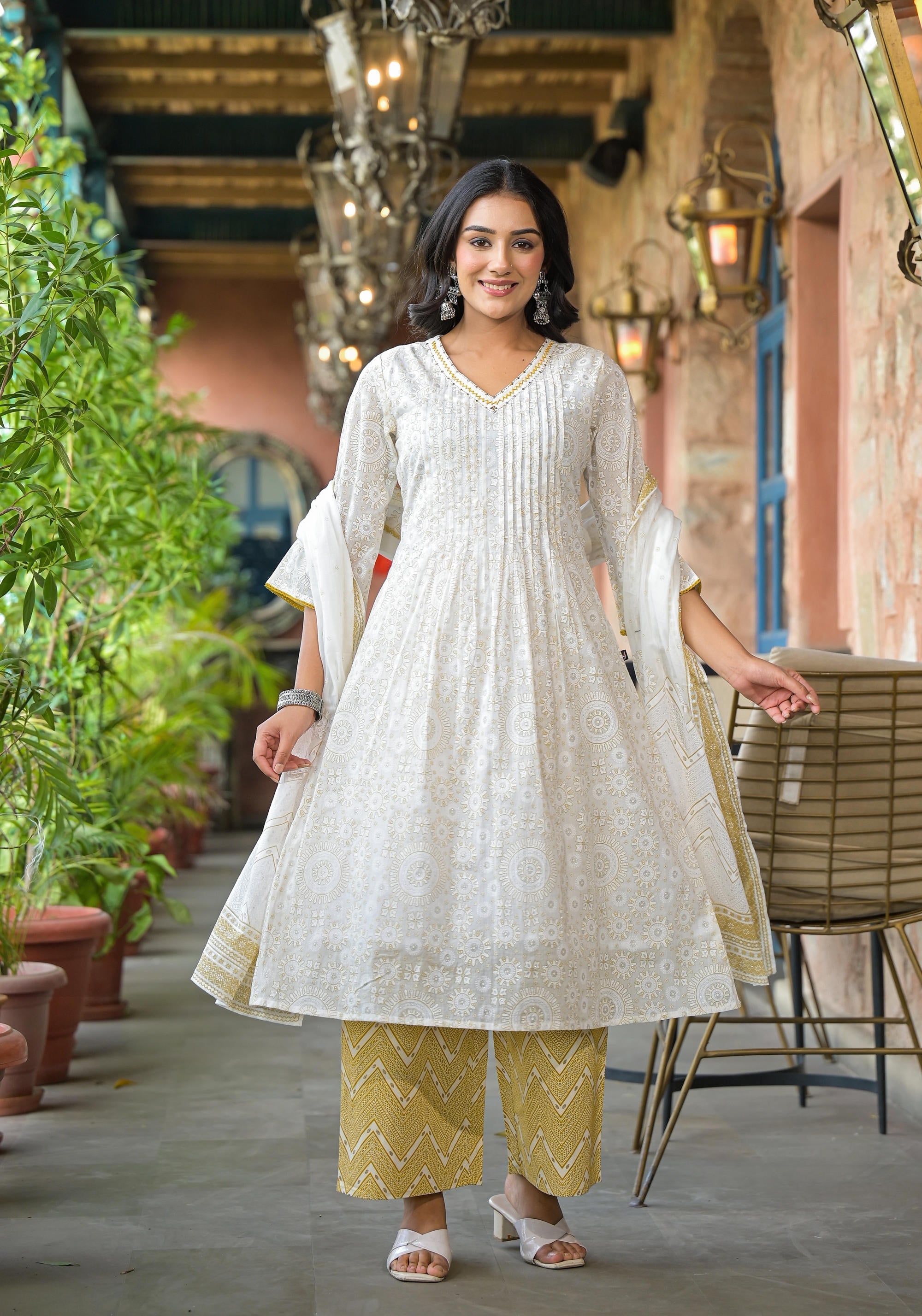 Juniper Women's Off White Abstract Printed Cotton Kurta Pant And Dupatta Set With Sequins & Thread Work | Grocsy