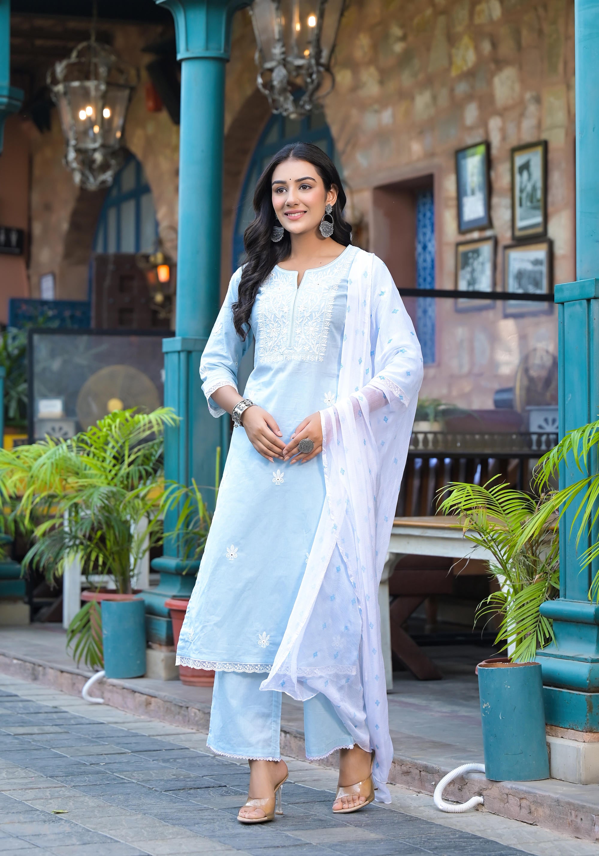 Juniper Women's Sky Blue Solid Cotton Kurta Pant And Dupatta Set With Thread Embroidery | Grocsy