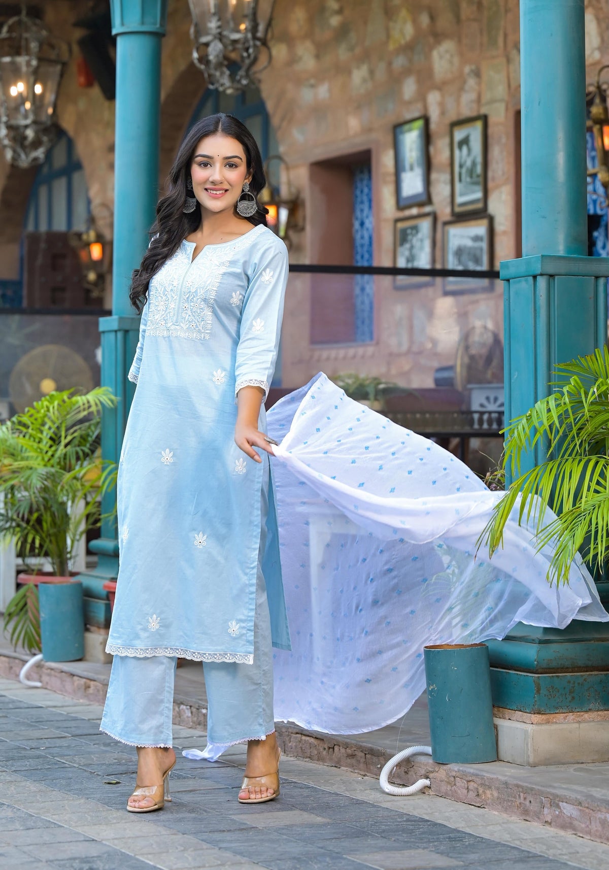 Juniper Sky Blue Solid Cotton Kurta Pant And Dupatta Set With Thread Embroidery | Grocsy