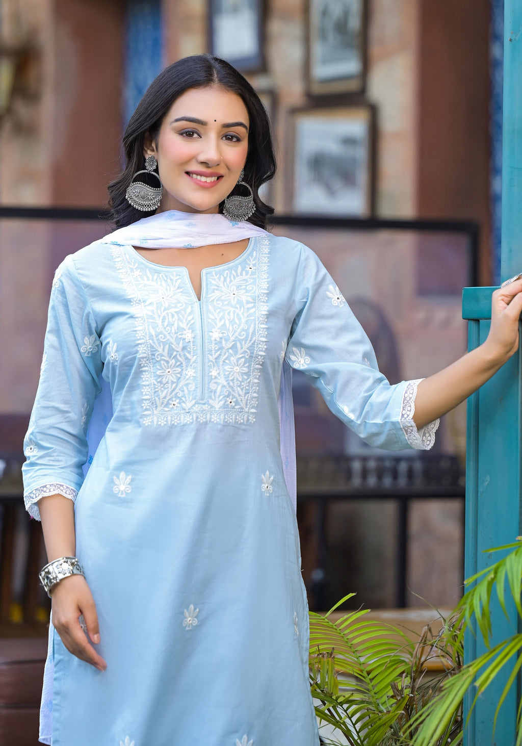 Juniper Sky Blue Solid Cotton Kurta Pant And Dupatta Set With Thread Embroidery | Grocsy