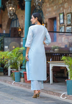 Juniper Sky Blue Solid Cotton Kurta Pant And Dupatta Set With Thread Embroidery | Grocsy