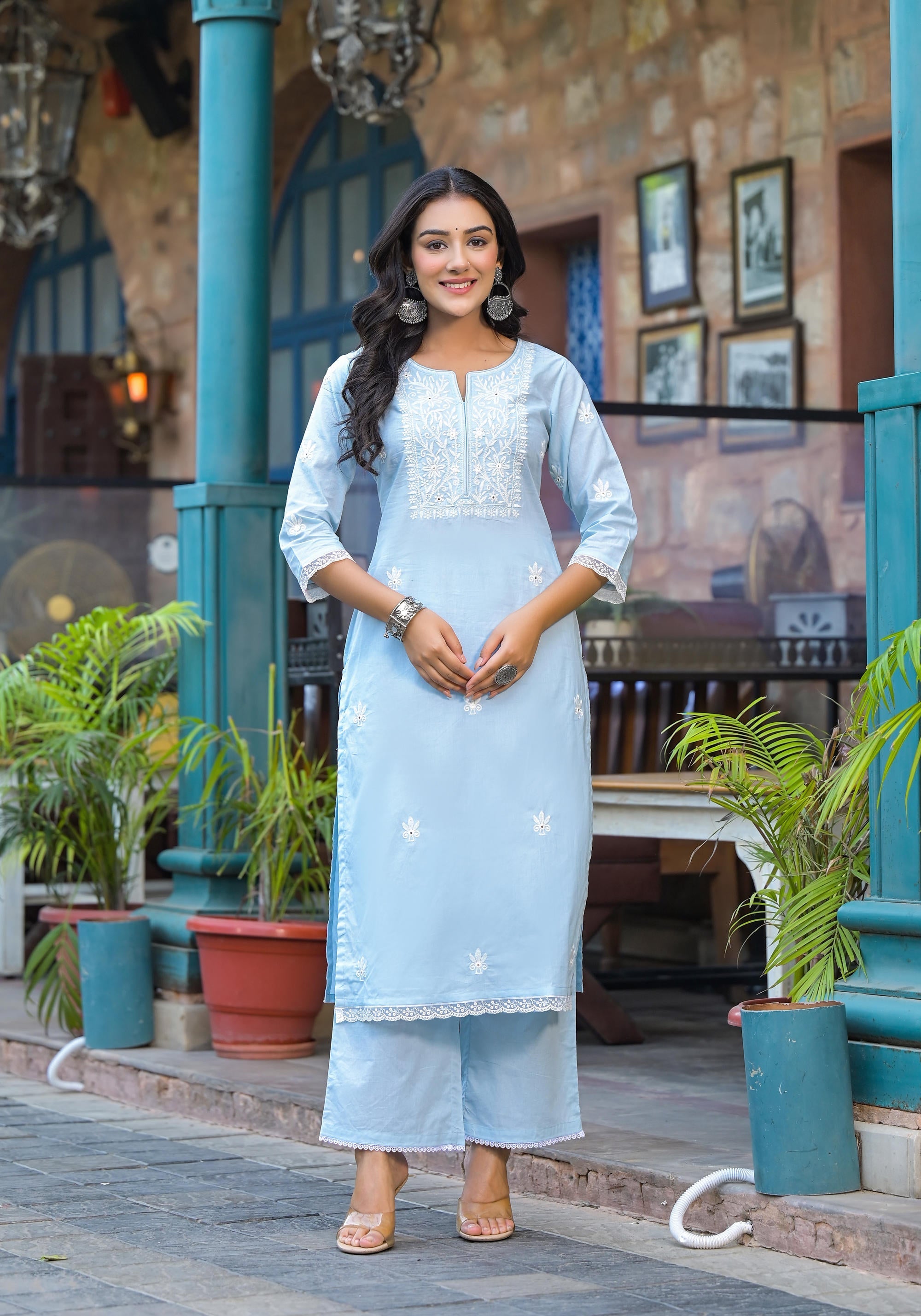 Juniper Women's Sky Blue Solid Cotton Kurta Pant And Dupatta Set With Thread Embroidery | Grocsy